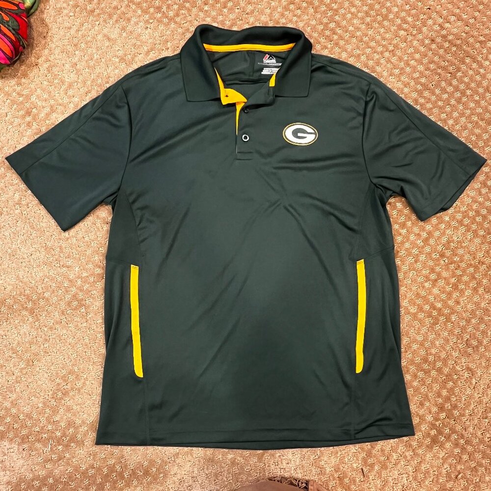 Green Bay Packers Polo Magestic Size Large Green and Yellow Dri-Fit Football